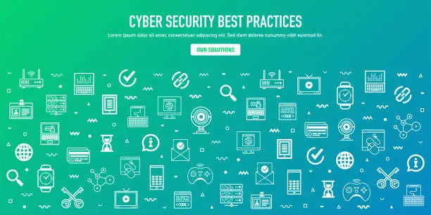 Vector illustration of Best Practices in Cyber Security Outline Style Web Banner Design