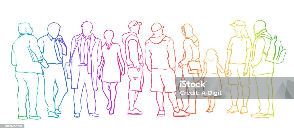 People Of All Kinds Rainbow Crowd of people and family standing in a row Business stock vector
