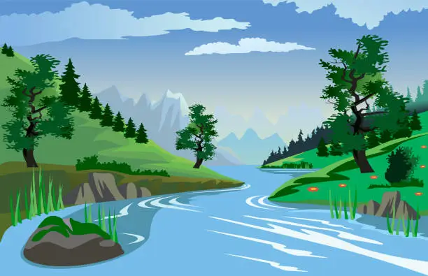 Vector illustration of River flowing through hills