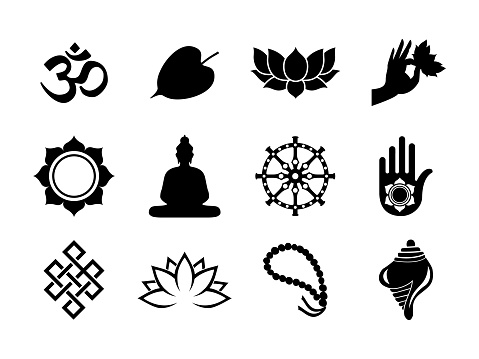Vesak Day celebration icon set. Black color symbol collection on isolated background. Includes buddha statue, bodhi tree leaf, lotus and more.