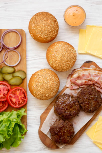 istock Cheese burger ingredients, view from above. Close-up. 1149623611