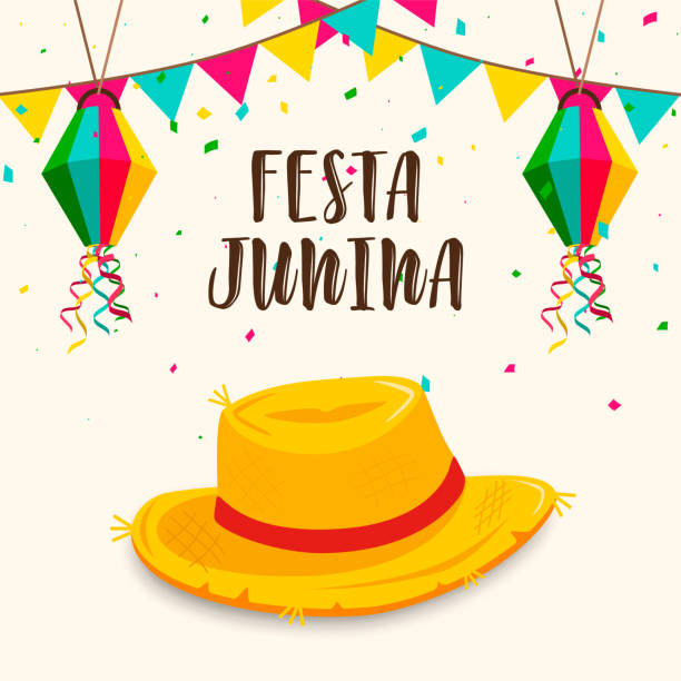 ilustraciones, imágenes clip art, dibujos animados e iconos de stock de tarjeta festa junina de sombrero de paja para el evento brasileño - sombrero de paja