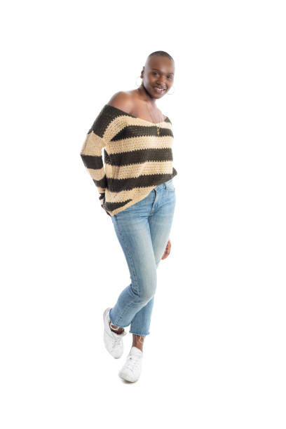 black african american female model wearing wool knit long sleeve shirt - stripped shirt imagens e fotografias de stock