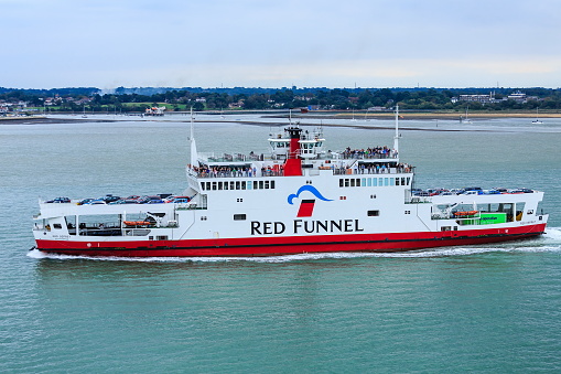 SOUTHAMPTON, ENGLAND - September 18, 2016:  Red Funnel, is a ferry company that carries passengers, vehicles and freight on routes between the English mainland and the Isle of Wight.