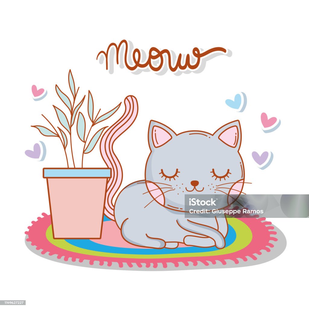 Con Mèo Dễ Thương Trong Tấm Thảm Với Cây Và Trái Tim Hình minh họa ...