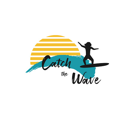 Catch the wave quote with surfing men on ocean blue waves and yellow sun on white background. Template for logo, icon or sign for surf board shop. Design Hawaii t-shirt print. Vector illustration.