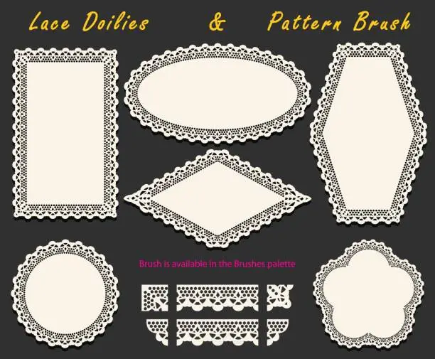 Vector illustration of Set of Openwork White Lace pattern brush and various lacy napkins, doilies and tracery elements.