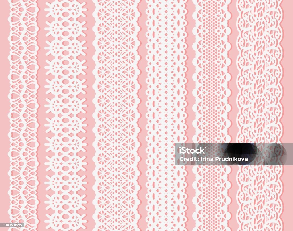Blockprint Wide Lace Ribbon Set White Design Elements Isolated On Pink  Background Seamless Pattern Suitable For Laser Cutting Paper Or Wood To  Create Wedding Invitation And Card Stock Illustration - Download Image