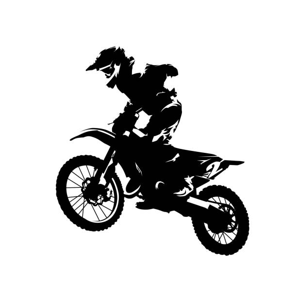 illustrazioni stock, clip art, cartoni animati e icone di tendenza di gara motocross, pilota in moto, silhouette vettoriale isolata - motocross