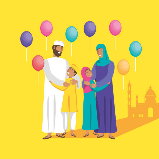 illustrazioni stock, clip art, cartoni animati e icone di tendenza di famiglia islamica con bambini e palloncini elio - saudi arabia child ramadan offspring