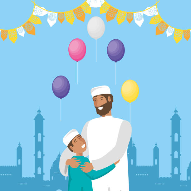 ilustrações, clipart, desenhos animados e ícones de homem islâmico com filho e ramadan kareem edifício - saudi arabia child ramadan offspring