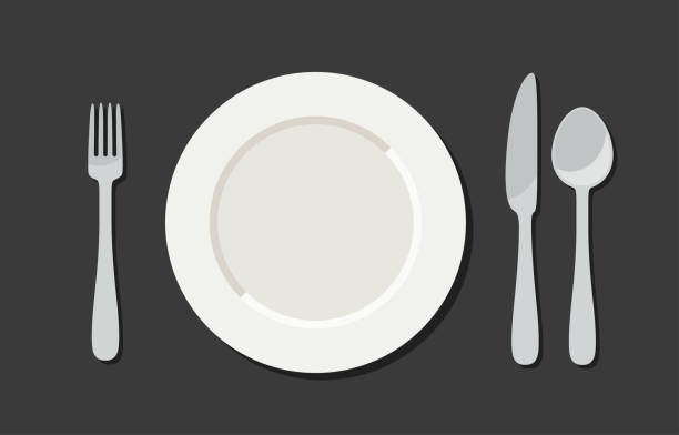 Utensil in flat style Utensil in flat style. Illustration with plate, knife, fork and spoon silverware illustrations stock illustrations