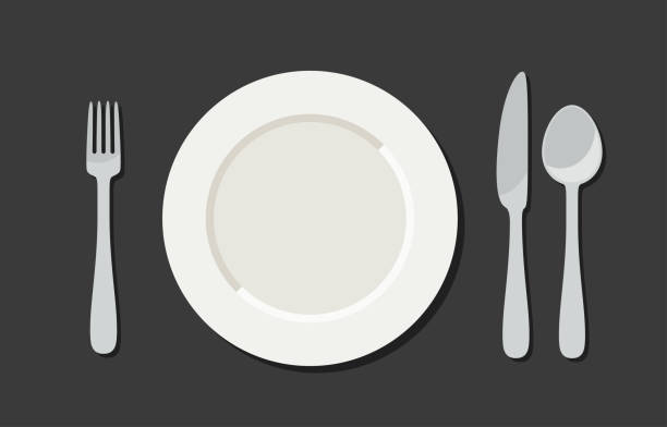 Utensil in flat style Utensil in flat style. Illustration with plate, knife, fork and spoon plate and fork stock illustrations