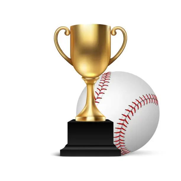 Vector illustration of Realistic Vector 3d Blank Golden Champion Cup Icon wirh Baseball Set Closeup Isolated on White. Design Template of Championship Trophy. Sport Tournament Award, Gold Winner Cup and Victory Concept