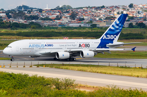 A380 demonstrator version of Airbus in Guarulhos International Airport, Sao Paulo, Brazil during a world tour in 2012
