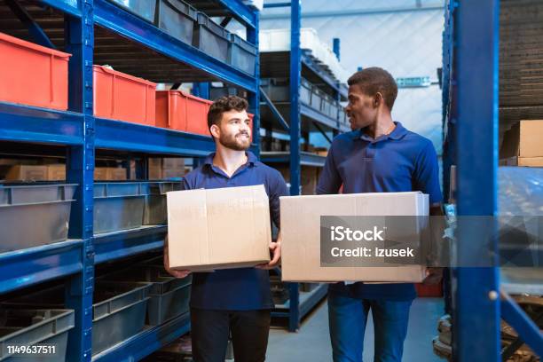 Workers Carrying Cardboard Boxes In Factory Stock Photo - Download Image Now - Polo Shirt, African Ethnicity, Business