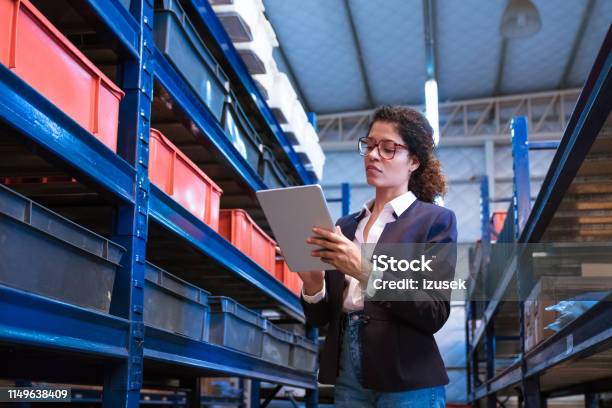 Female Inspector Using Digital Tablet By Racks Stock Photo - Download Image Now - Manufacturing, Technology, Factory