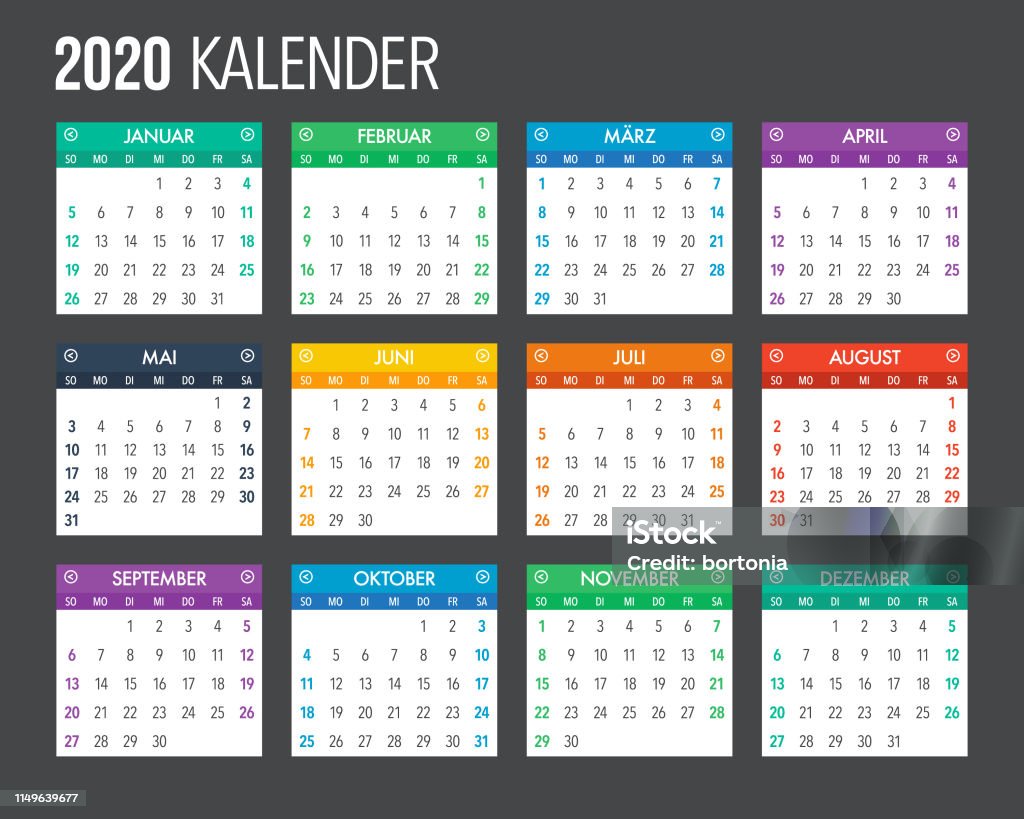 2020 German Calendar Template Design A calendar design template for the year 2020. File is built in CMYK for optimal printing. Calendar stock vector