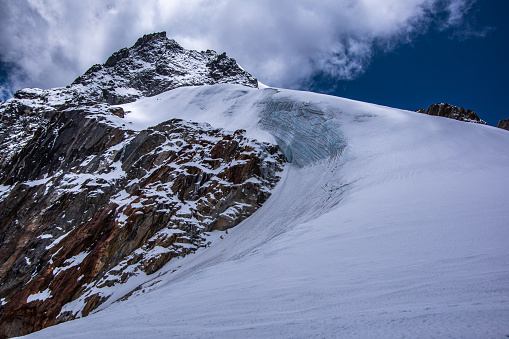 Landscape view of glacier on before Cho La pass.  Sagarmatha (Everest) National Park, Nepal.