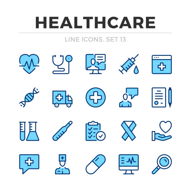 ustawiono ikony linii wektorowych opieki zdrowotnej. cienka linia. nowoczesne elementy graficzne konturu, proste symbole obrysu. ikony opieki zdrowotnej - medical stock illustrations