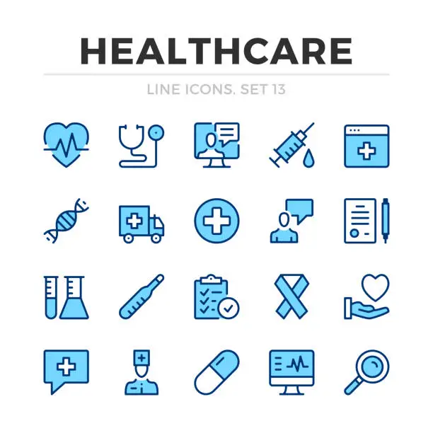 Vector illustration of Healthcare vector line icons set. Thin line design. Modern outline graphic elements, simple stroke symbols. Healthcare icons