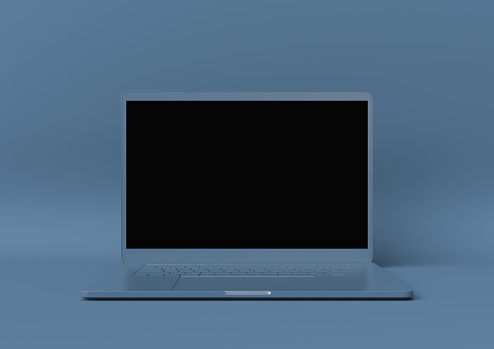 minimal idea concept, Laptop mock-up with blank display on blue background. 3d render.