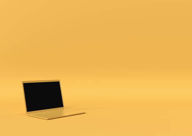 istock Laptop yellow color with copy space for your text, Minimal concept 3d render, 3d illustration. 1149652443