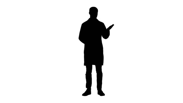 Silhouette Arab doctor man in medical coat talking and presenting with hand something