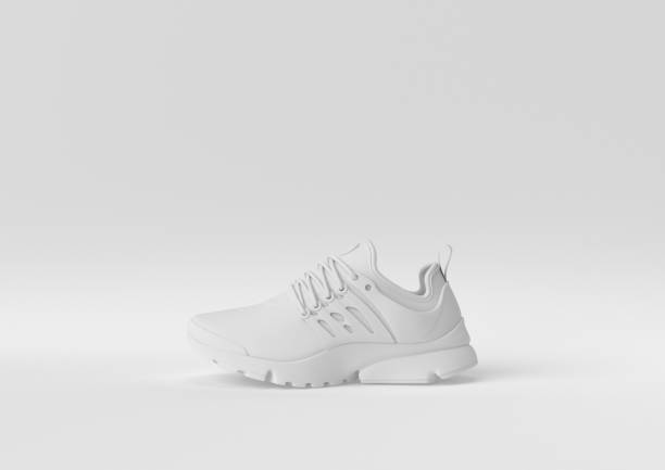 창의적인 최소한의 종이 아이디어 흰색 배경으로 개념 흰색 신발입니다 3D 렌더링 3D 그림 스포츠 신발에 대한 스톡 사진 및 기타  이미지 - Istock