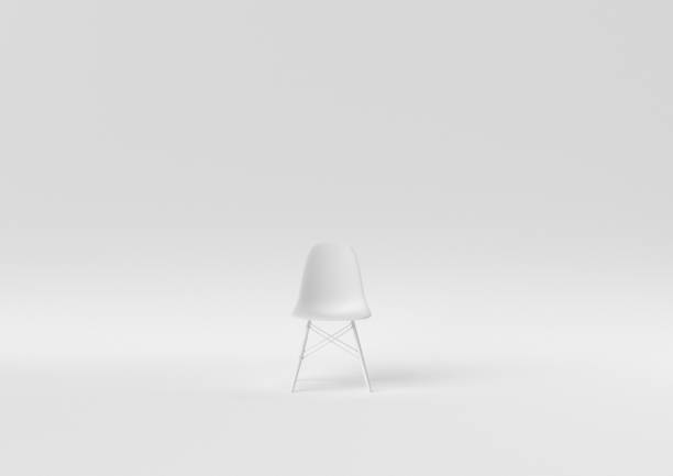 kreative minimalpapier-idee. konzept weißer stuhl mit weißem hintergrund. 3d rendering, 3d illustration. - stuhl stock-fotos und bilder