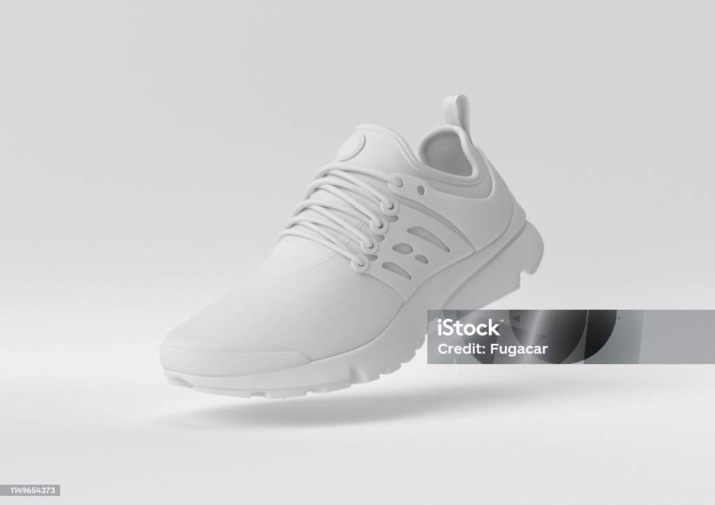Idée de papier minimal créatif. Chaussure blanche de concept avec le fond blanc. rendu 3D, illustration 3D. - Photo de Paire de baskets libre de droits