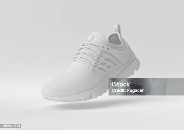 Photo libre de droit de Idée De Papier Minimal Créatif Chaussure Blanche De Concept Avec Le Fond Blanc Rendu 3d Illustration 3d banque d'images et plus d'images libres de droit de Paire de baskets