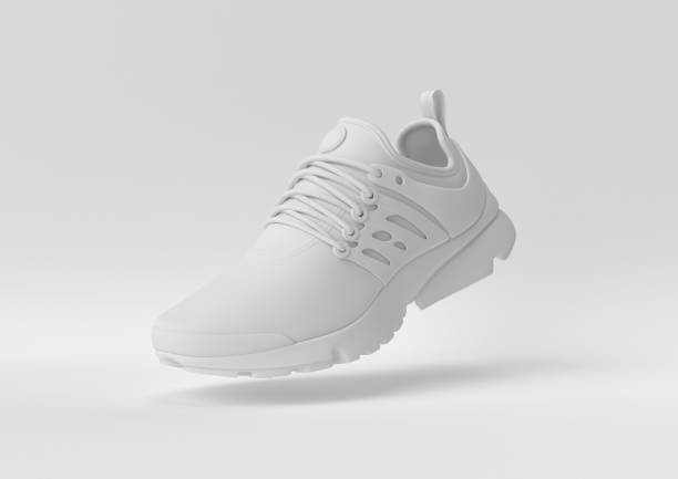 creative minimal paper idea. concept white shoe with white background. 3d render, 3d illustration. - sapato imagens e fotografias de stock