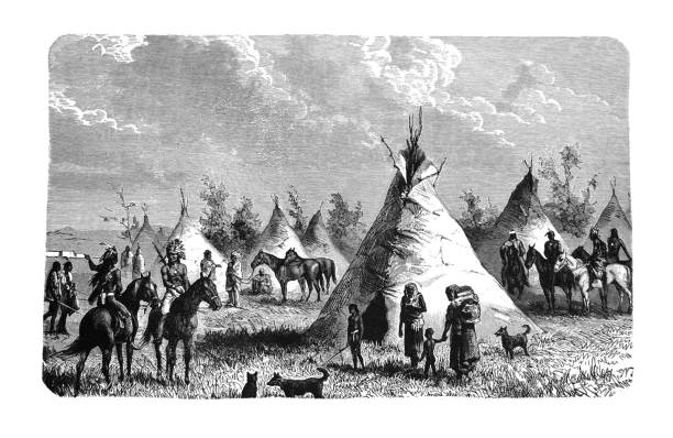First Century United States illustrations - 1873 - Indian Encampment From First Century of National Existence; The United States - 1873 old indian stock illustrations