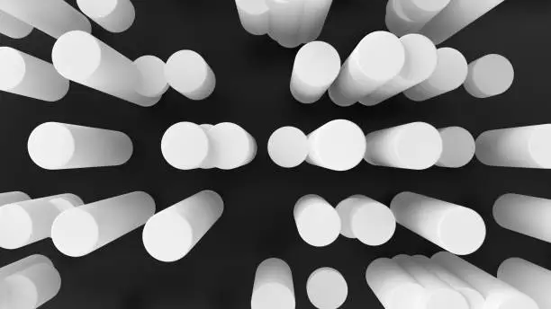 Photo of Abstract background white cylinders with dynamic 3d cylinders. 3d illustration, 3d rendering.