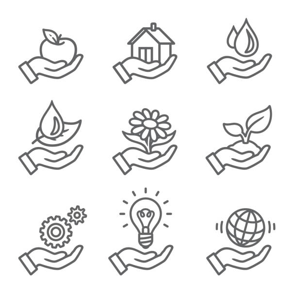 ilustraciones, imágenes clip art, dibujos animados e iconos de stock de iconos de contorno de ecología - hand holding flowers