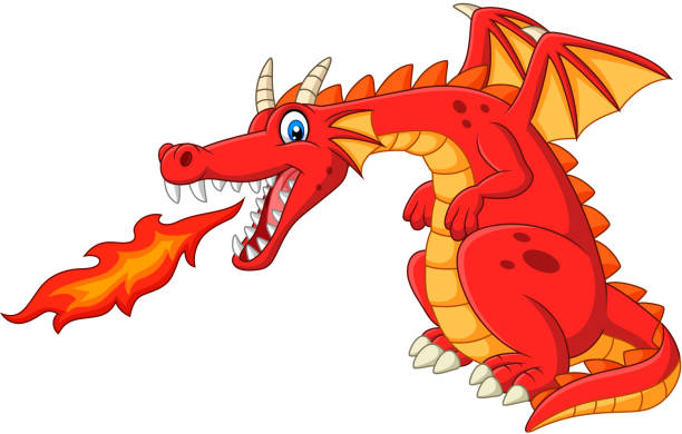 illustrazioni stock, clip art, cartoni animati e icone di tendenza di cartone animato drago rosso che sputa fuoco - spitting