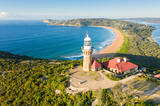 Aerial view looking south along Barrenjoey Headland, Palm Beach, Northern Beaches, New South Wales, Australia.