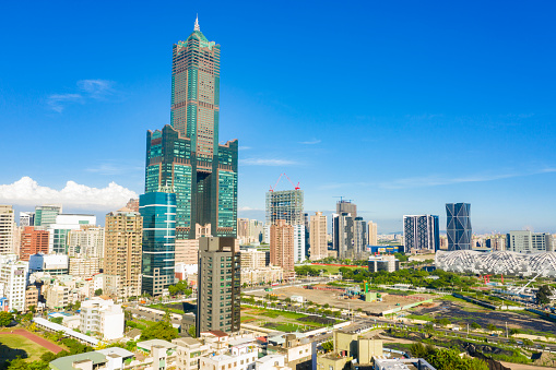 KAOHSIUNG, TAIWAN - MAY 04 2019: Aerial View of downtown Kaohsiung city district on May 04, 2017 in Kaohsiung