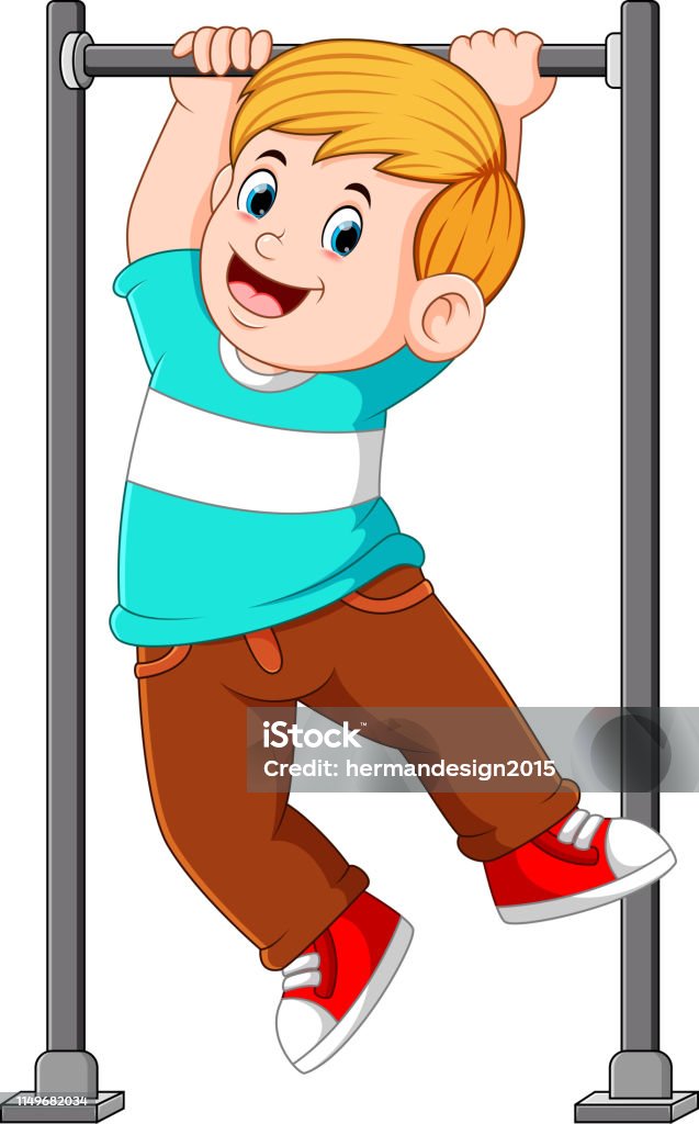 the boy is hanging and holding on the monkey bar illustration of the boy is hanging and holding on the monkey bar Cartoon stock vector