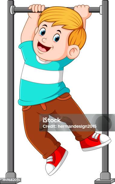 The Boy Is Hanging And Holding On The Monkey Bar Stock Illustration - Download Image Now - Cartoon, Child, Hanging