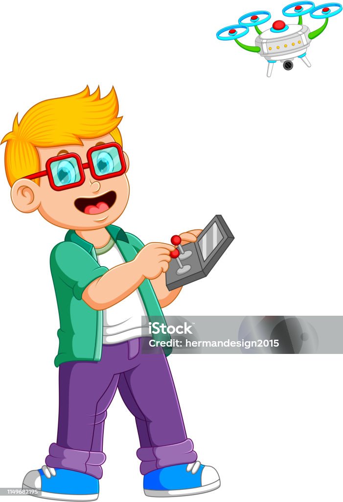 The Boy With The Glasses Is Playing With Drone Stock Illustration -  Download Image Now - Robot, Boys, Cartoon - iStock