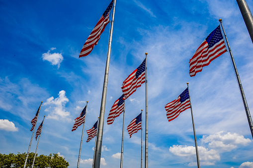 Flags of the United States waving in the wind at Liberty Island in New Jersey on a bright sunny and windy day