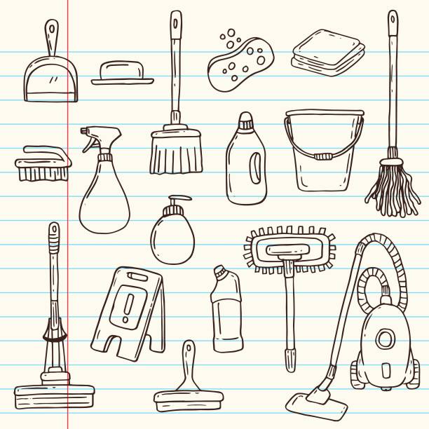 doodle set cleaning tools doodle cleaning tools set vector on vintage paper background cleaning drawings stock illustrations