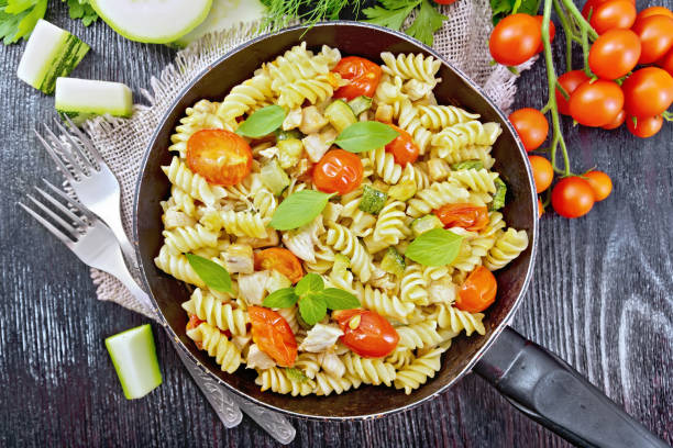 istock Fusilli with chicken and tomatoes in pan on board top 1149697173
