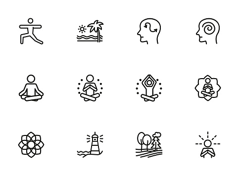 Meditation and yoga line icon set. Health, wellness, leisure. Buddhism concept. Can be used for topics like spirituality, peace, relaxation