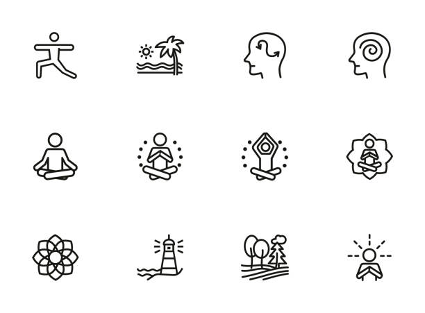 Meditation and yoga line icon set Meditation and yoga line icon set. Health, wellness, leisure. Buddhism concept. Can be used for topics like spirituality, peace, relaxation meditation stock illustrations