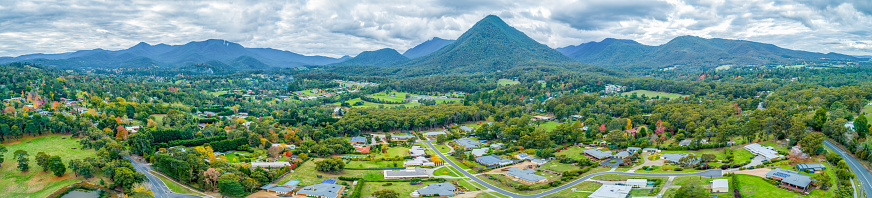 Wide aerial panoramic landscape of Healesville town and surrounding mountains in Australia