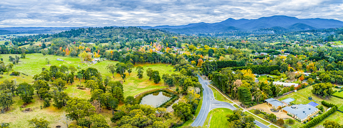 Scenic aerial panorama of rural area in autumn in Australia