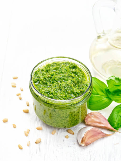 istock Pesto in glass jar on wooden board 1149701532